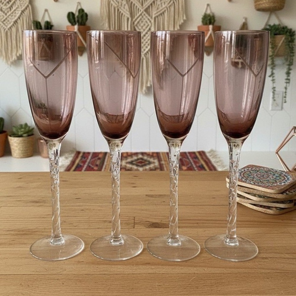 Pier 1 Amethyst Purple Champagne Flutes, Set of 4, Vintage Twisted Stem Stemware